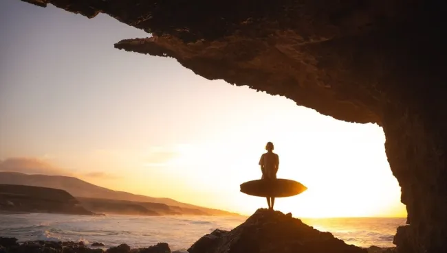 Surfer posiert mit seinem Surfboard auf den Klippen bei Sonnenuntergang auf Fuerteventura