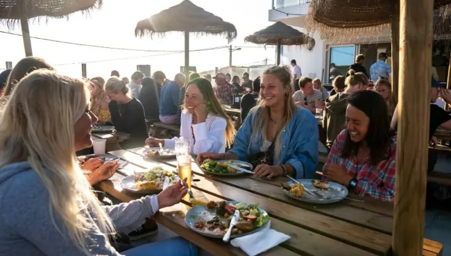 Gruppe im Surfcamp in Ericeira beim Abendessen bei Sonnenuntergang