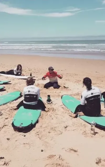 Surflehrer erklärt Surfcamp-Gruppe Theorie am Strand an der Algarve