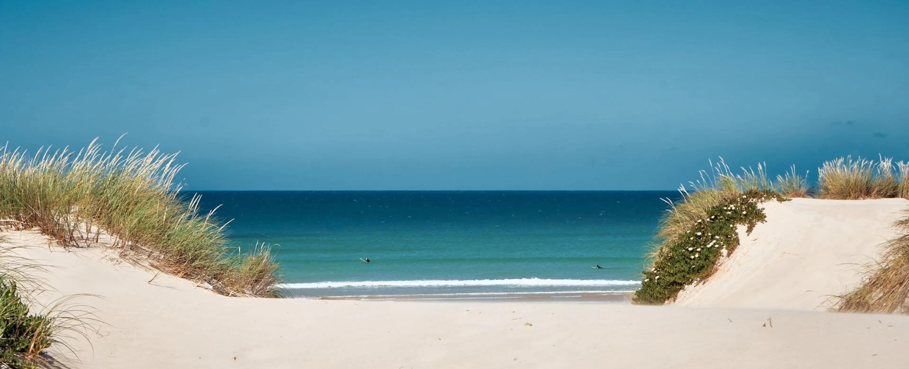 Blick zwischen den Dünen in Peniche auf das Meer und zwei Surfer